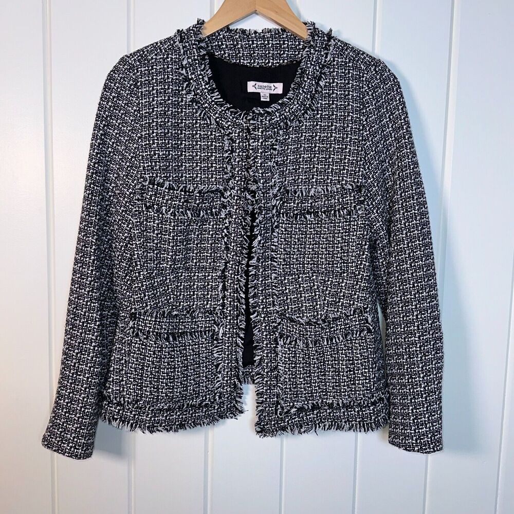 Nanette Lepore Jacket 10 Black & WhiteTweed Nora Jacket, Fringe trim, Open Front